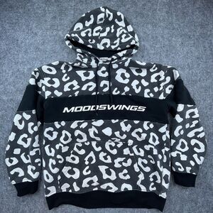 Moodswings Hoodie Mens Large Black White Cheetah Leopard Chest Logo Streetwear
